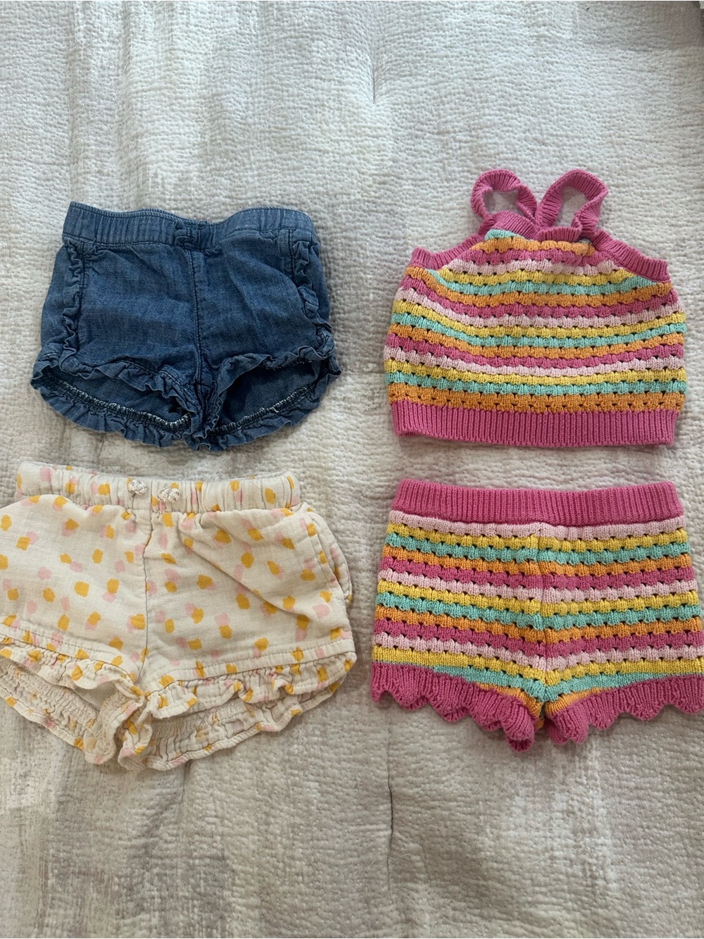 4 ITEMS, 6-12mo, 12-18mo Matching Crochet Set  + 2 Shorts